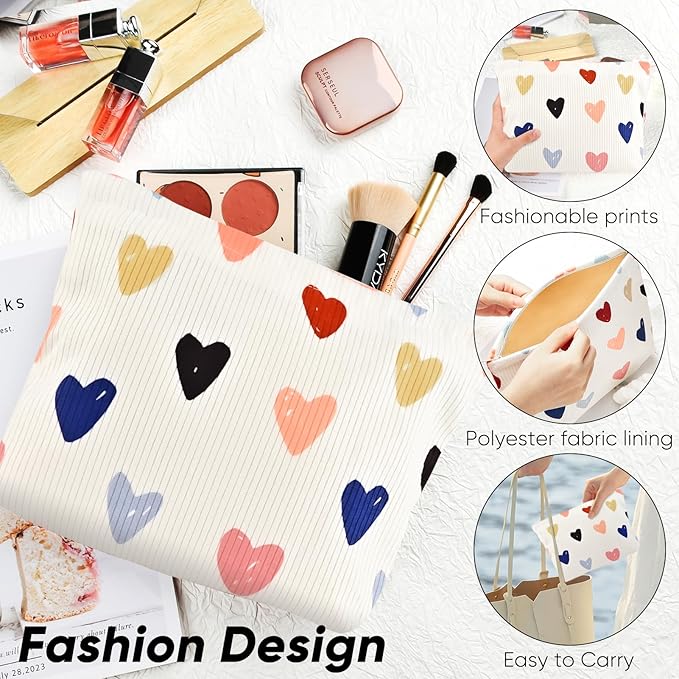 Cute Heart Makeup Pouch for Women Small Make Up Bag for Purse Zipper Initial Makeup Cosmetic Bags Pouches for Purse Aesthetic Travel Toiletry Bags, Colorful Hearts