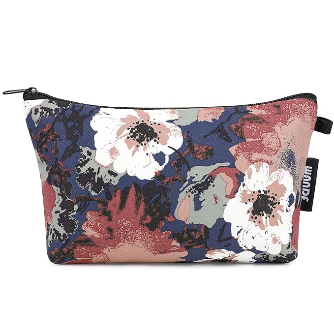 WANDF Cosmetic Bag for Women Makeup bag Organizer Mini Makeup Pouch for Purse Water Resistant Girls Gift (Blue Flower)