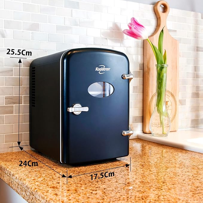 Koolatron Mini Fridge- Black Refrigerator 6 Can Portable Cooler for Bedroom Office Dorm Car Compact Fridge for Drinks Makeup Skincare Dual Power 12V 110V