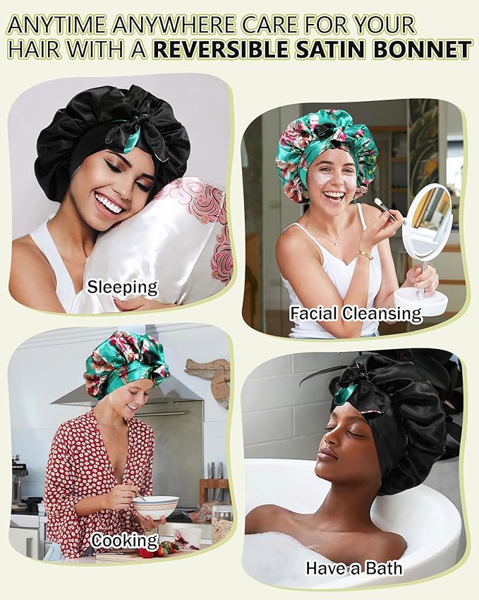 AWAYTR Satin Bonnet Silk Hair Bonnets for Women Curly Hair Wrap Sleeping Cap Reversible with Tie Band Night Cap (Green + Black) 7 7/8-8
