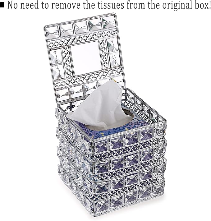 Sumnacon Crystal Square Tissue Box Cover - Sparkling Cube Glass Tissue Box Holder, Decorative Facial Tissue Holder for Bedroom Bathroom Dresser Night Stand Table Countertop Home Decor, Silver