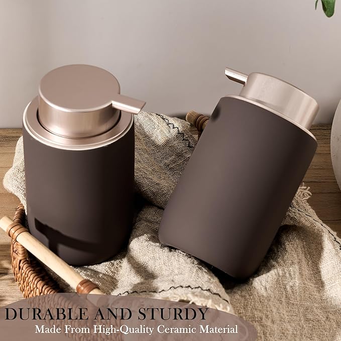 Foaming Soap Dispenser with Plastic Pump,12oz Foam Dispenser Bathroom,Kitchen Foam Soap Dispenser,Brown Hand Soap Bottle(Rubber Paint& Ceramic)