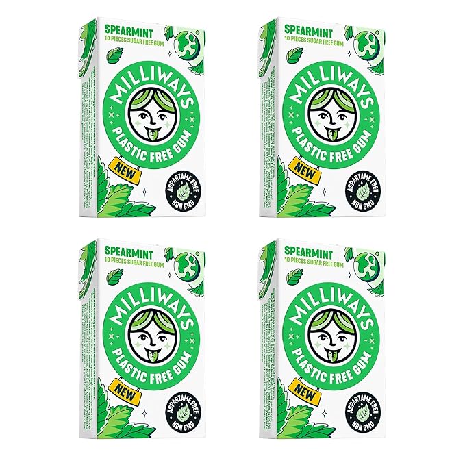 Milliways Spearmint Super Natural Gum - Plastic-Free Chewing Gum | Xylitol, Aspartame-Free, Sugar-Free, Plant-Based | 4 Packs of 10 Pieces (40 Pieces Total)