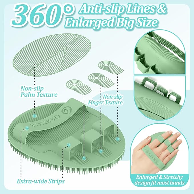 Silicone Bath Glove & Face Scrubber Set 2PCS, 360° Anti-Slip & Hand-fit Body Scrubber for Rich Foaming Deep Cleaning, Unique Facial Scrubber with Side-bristles for Contoured Areas.(Green)