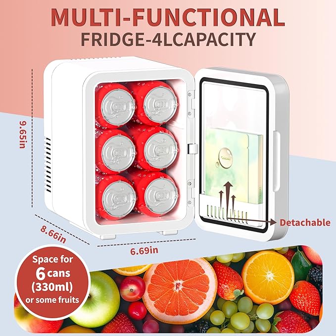 4L Mini Fridge with LED Mirror, Dual Cooling & Warming Function, 3L/6 Cans Capacity, Ultra-Quiet Portable Refrigerator for Skincare, Makeup, Car and Home Use