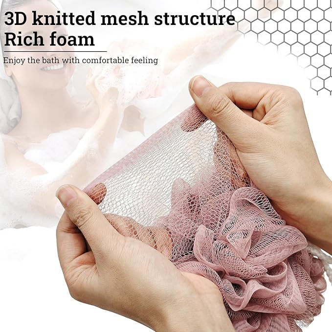 Loofah Charcoal Bath Shower Sponge Body Scrubber,75g Exfoliate Mesh Pouf Shower Bouquet,3 Pack Large Bath Sponge for Women and Men（White Pink Green）