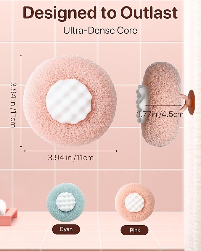 Super Soft Sunflower Suction Cup Bath Ball, 2025 Upgraded 2-in-1 Sunflower Ball Exfoliating Bath Sponge Cleaning Brush, Mesh Shower Body Sponge Accessories for Women, Men Shower (Cyan+Pink)