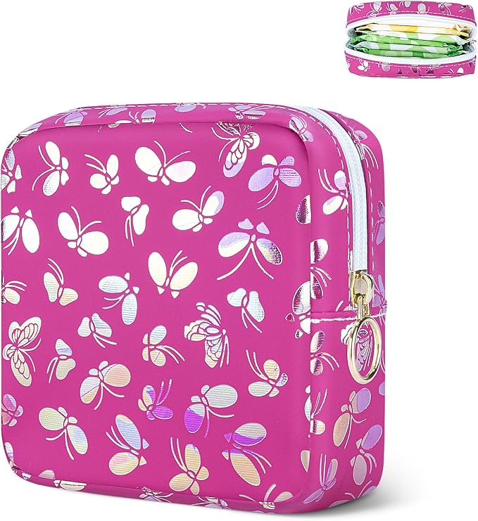 Tampon Holder for Purse, Leather Sanitary Napkin Storage Bag Period Bag Gift for Girls Women, Portable Sanitary Napkin Period Pad Pouch Tampon Bags for Purse(Rose red Butterfly)