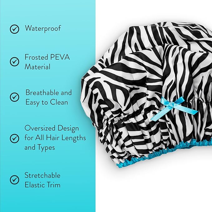 Reusable Shower & Bath Cap & Lined, Oversized Waterproof Shower Caps Large Designed for all Hair Lengths with PEVA Lining & Elastic Band Stretch Hem Hair Hat - Fashionista Sassy Stripes