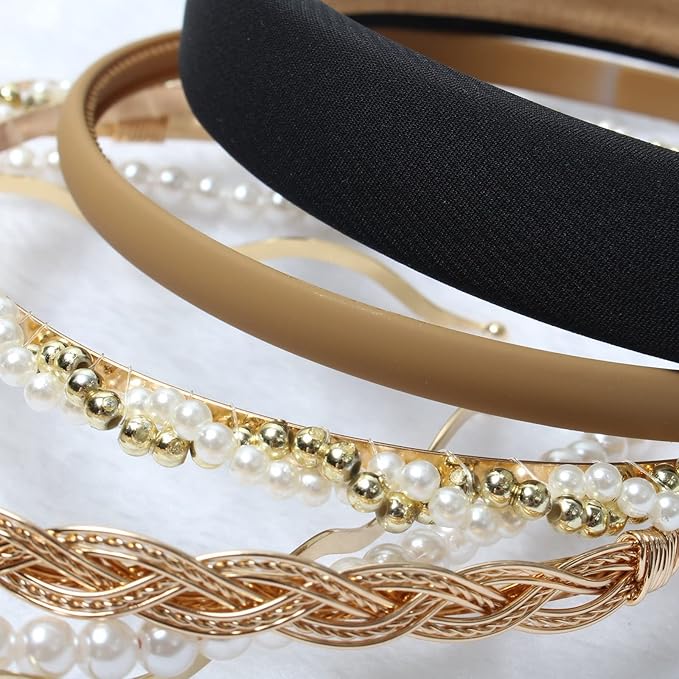 6PCS Different Designs Headbands for Women Gold Metal Hairband,Cute Pearl Hair Bands for Girls,Twisted Head Band,Black Padded Head Bands Set…