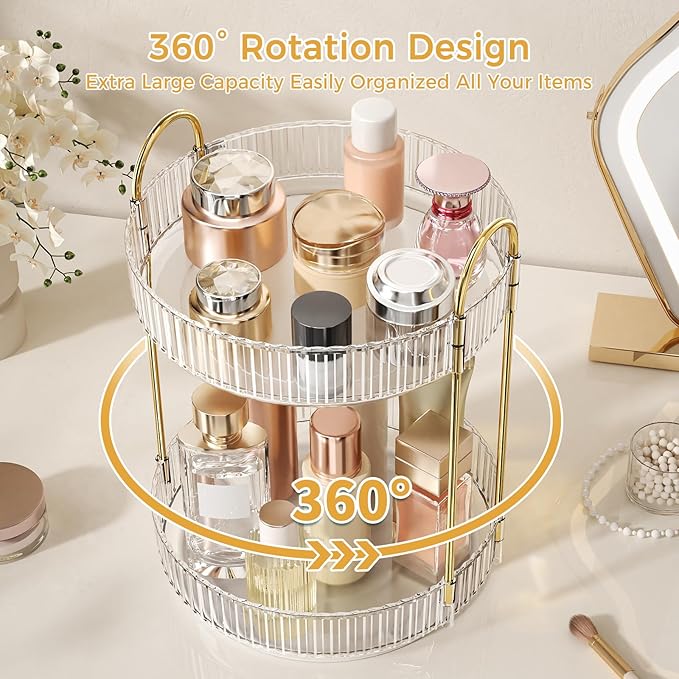 360° Rotating Makeup Organizer, Large Capacity SkinCare Organizer, 2 Tier Cosmetic Skin Care Perfume Dresser Organizer, Fits Cosmetics, Perfume, Skin Care, Lipstick
