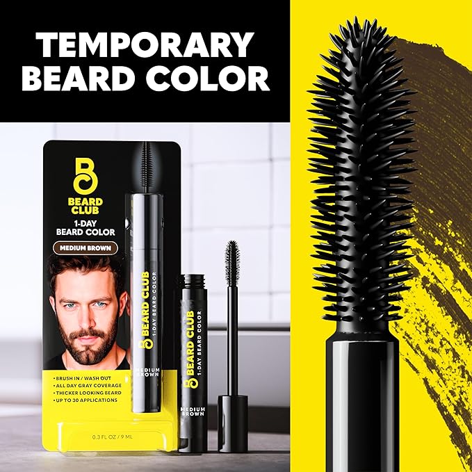The Beard Club 1 Day Temporary Beard Dye for Men - Medium Brown Beard, Mustache & Eyebrow Color for a Fuller, Well-Defined Look, Water & Sweat Resistant, Up to 30 Applications, 0.3 fl oz (Pack of 2)