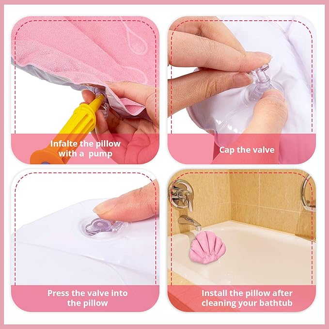 2 Pieces Inflatable Bath Pillow with Suction Cups, Terry Cloth Covered Bath Pillow Shell Shape Bathtub Spa Pillow Comfortable Soft Bath Cushion, Neck Support for Bathtub, Hot Tub, Home Spa Tub
