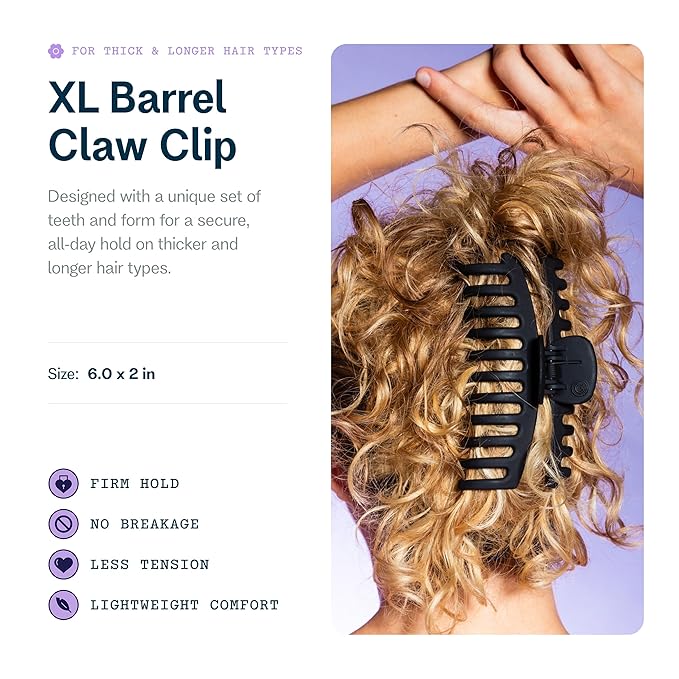 Gimme Beauty XL Barrel Claw Clip for Thick Hair - Double Row Holder for Maximum Volume - Large Non-Slip Accessory - Trendy Hair Care Essential - Black