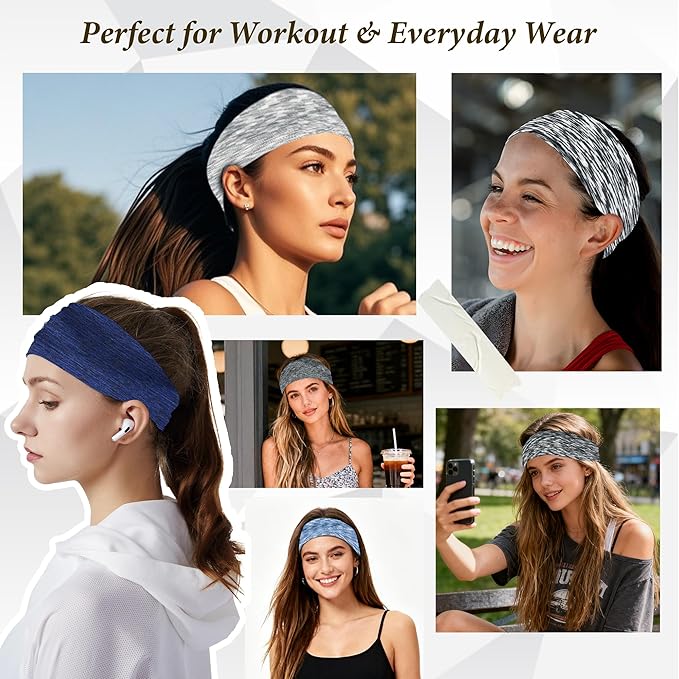 Headbands for Women Non-Slip Workout Hair Bands, 6 Pack Stretchy Athletic Soft Sweatbands, Elastic Cloth Fabric Headband, Fashion Head Bands for Yoga Running Sports Gym Sports Exercise