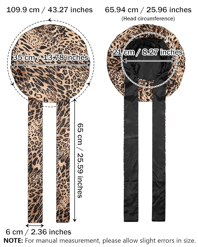 Satin Bonnet Silk Hair Wrap for Sleeping - Reversible Night Cap with Tie Band (Leopard + Black)