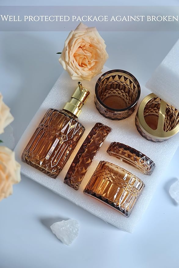 Amber Bathroom Accessories Set, 5Pcs Clear Glass Bathroom Sets, Hand Soap Dispenser, Soap Dish, Toothbrush Holder Set, Qtips Holder for Crystal Vintage Bath Decor, Set