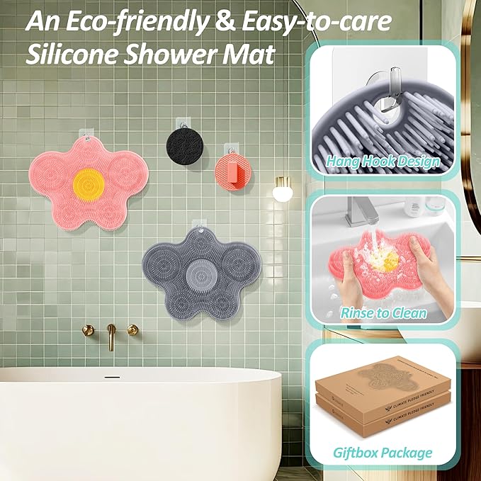 Upgrade Silicone Shower Foot Scrubber Mat & Silicone Body Scrubber Set, Large Wall-Mounted Back Scrubber Back Washer to Clean, Exfoliate and Massage Without Bending(Gray+Body Scrubber)