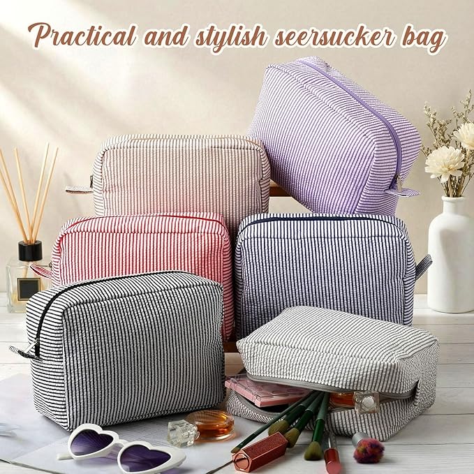 Sanwuta 6 Pcs Seersucker Cosmetic Bag Bulk Pinstripe Makeup Bag for Women Aesthetic Cute Travel Toiletry Organizer Preppy Storage Pouch for Wedding Bridesmaid Christmas Gift (Large, Classic)