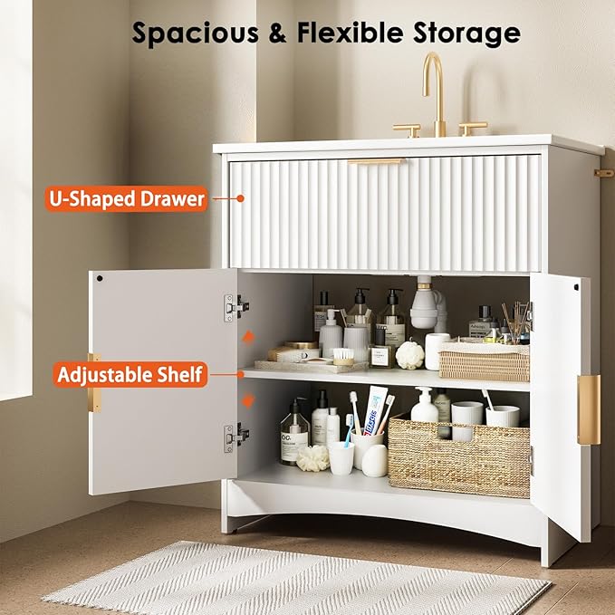 Amada 30'' Bathroom Vanity with Ceramic Sink, Modern Undermount Vanity Sink Cabinet with 2 Doors and 1 Drawer, Fluted Free Standing Bathroom Storage Cabinet with Sink Combo Set, White