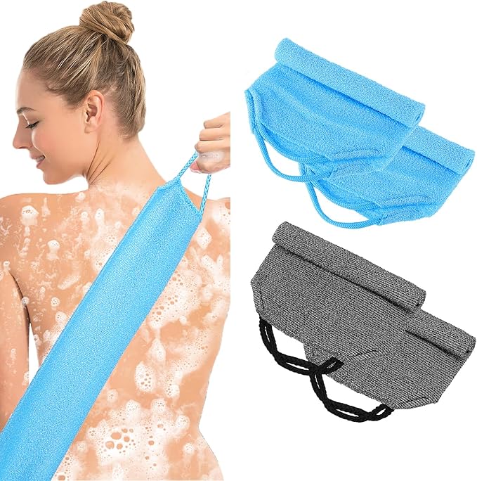 4pcs Exfoliating Back Washers Scrub with Handles Japanese Body Scrubber Cloth Towel for Shower Nylon Back Exfoliator Extended Backs Washers Stretchable Body Bath Pull Strap for Cleans Skin Massages
