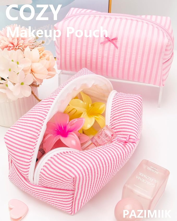 PAZIMIIK Cozy Makeup Bag Small Aesthetic Travel Zipper Cosmetic Pouch for Women Make Up Beauty Accessories Brushes, Stripe Hotpink