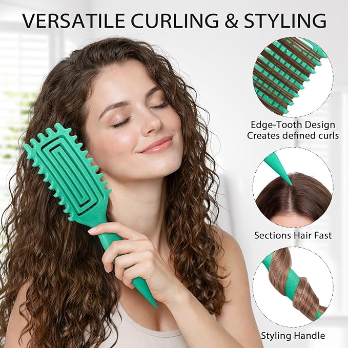 Curl Defining Brush, Curly Hair Brush with Vented Design for Detangling and Shaping, Wet & Dry Use, Reduces Pulling for Women, Men (Green)