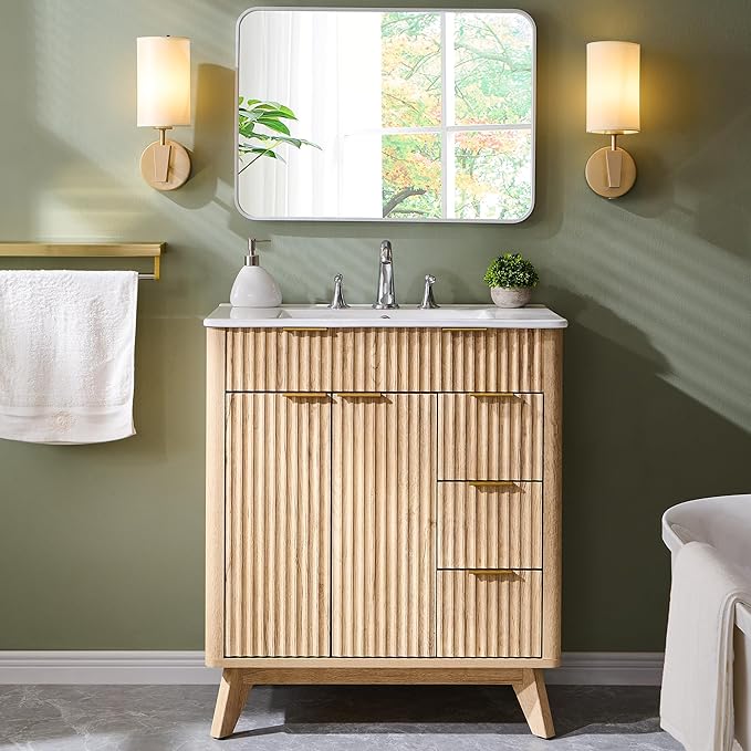 T4TREAM 30" Fluted Bathroom Vanity with Ceramic Sink Combo，Freestanding Modern Bathroom Storage Vanity Cabinet with 2 Soft Closing Doors & 3 Drawers，Wood Grain Texture，Metal Handle，Natural Oak | Fluted, Freestanding, Modern, Bathroom Storage, Vanity Ca...
