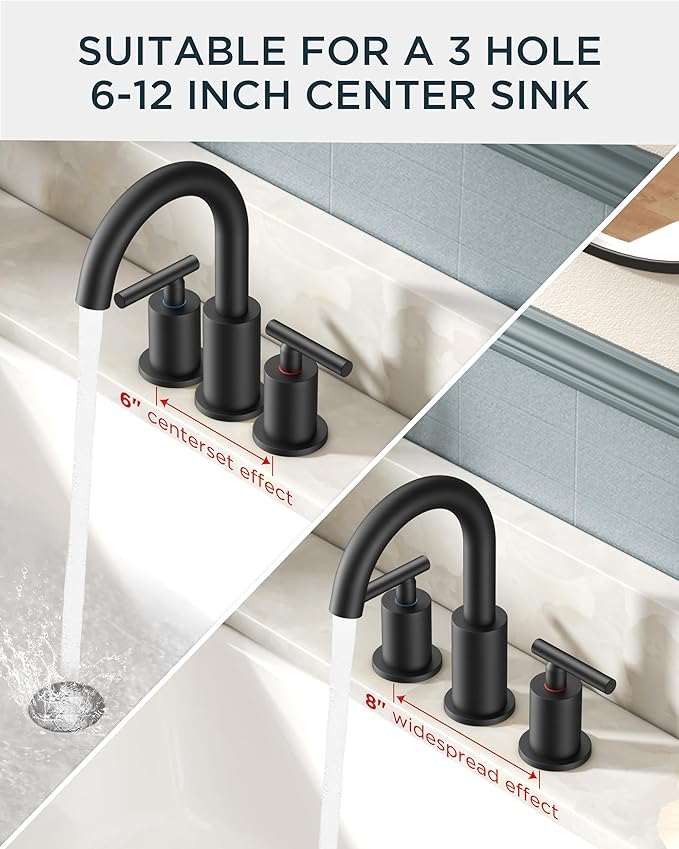FORIOUS Black Bathroom Faucet 3 Hole, 8 Inch Matte Black Bathroom Sink Faucet Widespread with 360° Swivel Spout, Suitable for 6-12 Inch Vanity Sink, with Pop-up Drain and cUPC Supply Line