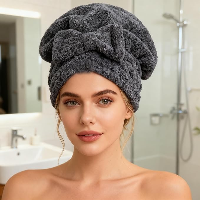 Microfiber Hair Drying Towels Head wrap with Bow-Knot Shower Cap Hair Turban hairWrap Bath Cap for Curly Long & Wet Hair Gift for Women