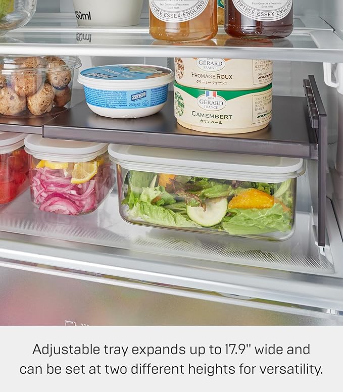 Yamazaki Home Tower Adjustable Extendable Refrigerator Storage Rack - 2-Level Height Adjustable Shelf For Fridge Organization - Customizable Width, Easy Assembly, Fits 2L Bottles - Plastic -