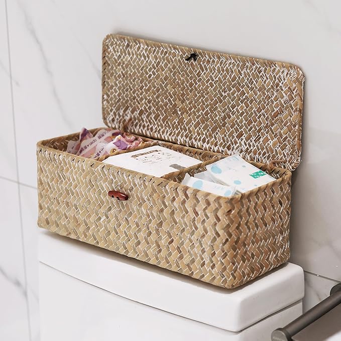 Whitewash Seagrass Tank Basket with Lid Woven Toilet Roll Storage Basket with Sections Rectangular for Organize Snack Toys (Large Compartment 16.5inch L x 5.5inch W x 5.5inch H)