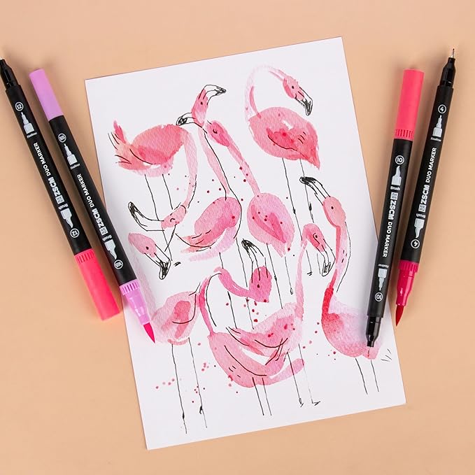 Pink Duo Tip Marker Pens, 12 Pack Fine & Brush Markers for Adult Coloring Books No Bleeding, Blushing Pink Markers for Romantic Illustrations, Floral Designs, Cute Doodling and Lettering