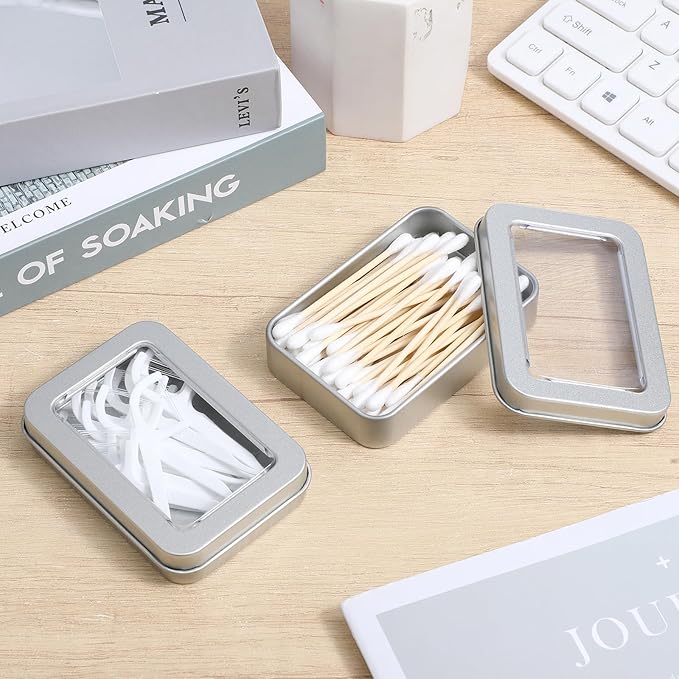 2PCS Metal Cotton Swab Holder, Portable Small Floss Pick Holder, Reusable Empty Metal Cotton Ball Case with Dust Lid for Travel Swabs Hair Ties Floss