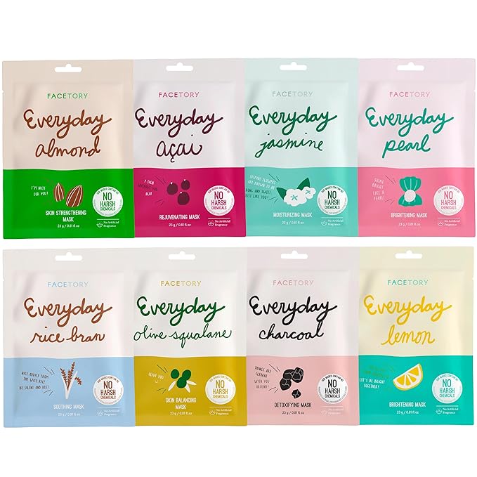 FACETORY K Beauty Face Mask Skin Care - EVERYDAY 8 COLLECTION Sheet Mask Set (16 pc) | Natural Premium Korean Face Mask For All Skin Types - No Sulfates No Parabens