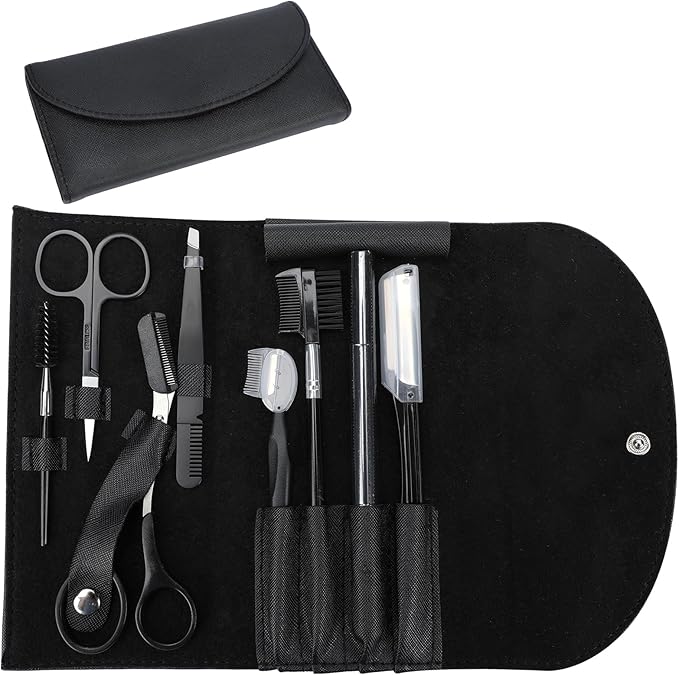 Professional Eyebrow Shaping Grooming Kit,8PCS/SET Eyebrow Grooming Kit with Leather Bag Eyebrow Trimming Kit With Razor Eyebrow Scissors Eyebrow Brush for Women & Men(Black)