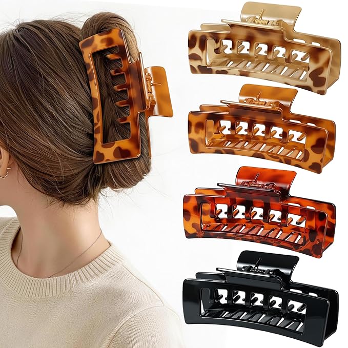 4 PCS Extra Large Claw Clips for Thick Hair, 5 Inch Jumbo Square Hair Clips for Women, Strong Hold Double Teeth Claw Clip for Hat, Non Slip Rectangle Jaw Clips Hair Accessories, Tortoise & Black
