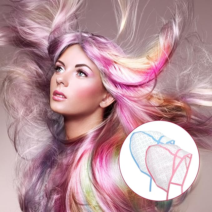 Bewudy 12 Pcs 4 Sets of Highlight Cap with Hooks, Hair Highlighting Caps, Highlight Hair Coloring Frosting Dye Kit for Salon Hair Dyeing Hairdressing (2 Blue + 2 Pink)