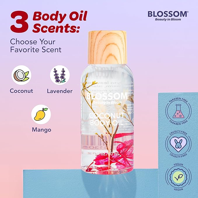 Blossom Dry Body Oil, Scented Body Oils for Women Moisturizing and Hydrating Skincare, Dry Oil for Body Infused with Real Flowers, 2 fl. oz/60ml, Red, Coconut