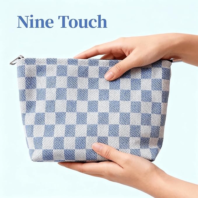 Blue Checkered Makeup Bag for Women, Canvas Cosmetic Bag with Zipper Lining, Travel Makeup Pouch for Purse, Travel Pouch for Toiletry, Cosmetic, Sunscreen, Hygiene, Skincare, SPF, Medicine, Sunblock