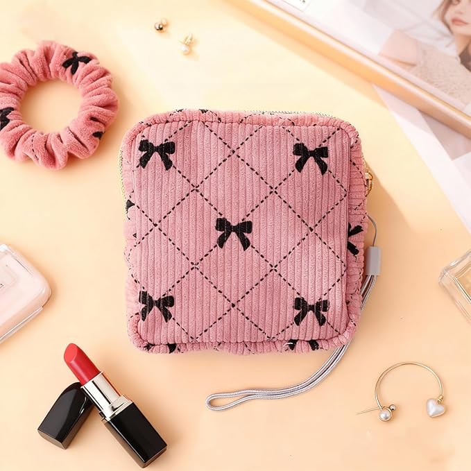 Paterr 4 Pcs Period Bag for Teen Girls Corduroy Portable Sanitary Napkin Storage Bag Hand Wrist Strap Lanyard String Holder Tampons Holder Pouch for Purse First Period Gift (Fashionable Style)