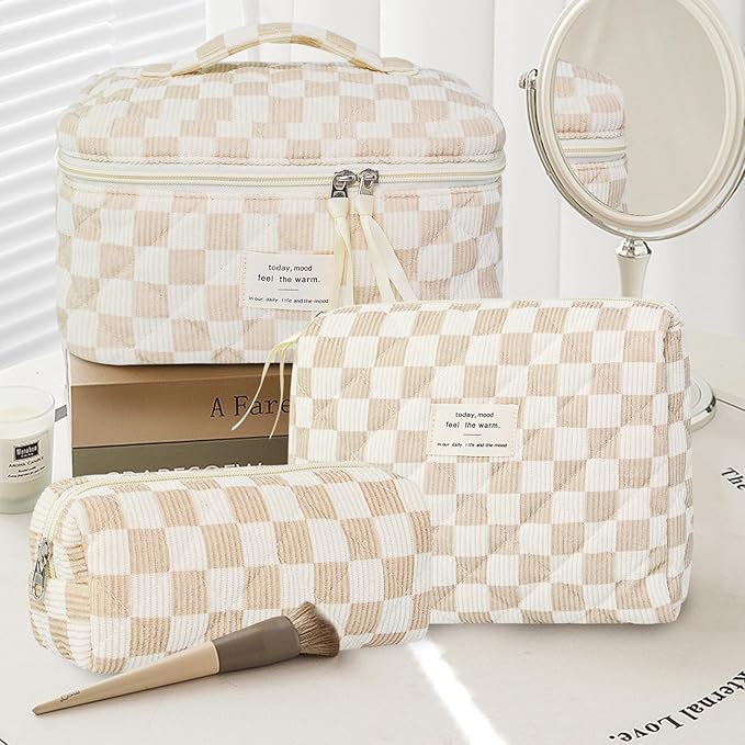 3Pcs Makeup Bag Cotton Quilted Travel Cosmetic Bag Cute Floral Makeup Pouch Large Toiletry Bag for Women Girls