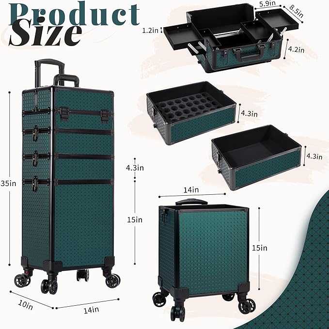 AROUS Rolling Makeup Train Case 4 in 1 Cosmetology Case on Wheels Large Storage Cosmetic Trolley with Key Salon Barber Traveling Cart Trunk, Green