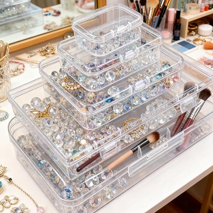 42 Pack Rectangular Clear Plastic Storage Containers Box with Hinged Lid & Labels for Beads and Other Small Craft Items (Mixed Sizes 3)