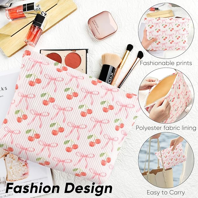 Cute Cherry Makeup Pouch for Women Small Make Up Bag for Purse Zipper Initial Makeup Cosmetic Bags Pouches for Purse Aesthetic Travel Toiletry Bags, Pink Cherries Bows