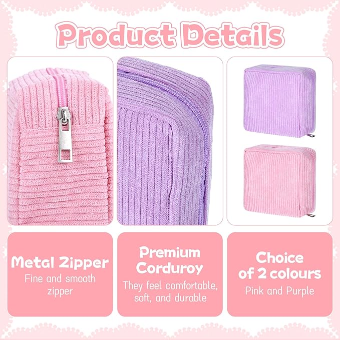 2 Pcs Menstrual Bags for Teen Girls, Period Bag for Teen Girls, Mini Corduroy Travel Period Bag for Sanitary Napkin, Corduroy Sanitary Napkin Storage Bags Tampon Holder for Women Purse