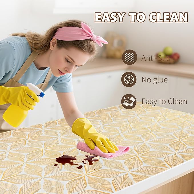 Drawer and Shelf Liner for Kitchen Cabinet,Non-Adhesive Waterproof Drawer Liner for Dresser & Bathroom Vanities with Adhesive Dots & Cutting Tool(24 in X 20 Ft Gold Leaf Pattern)