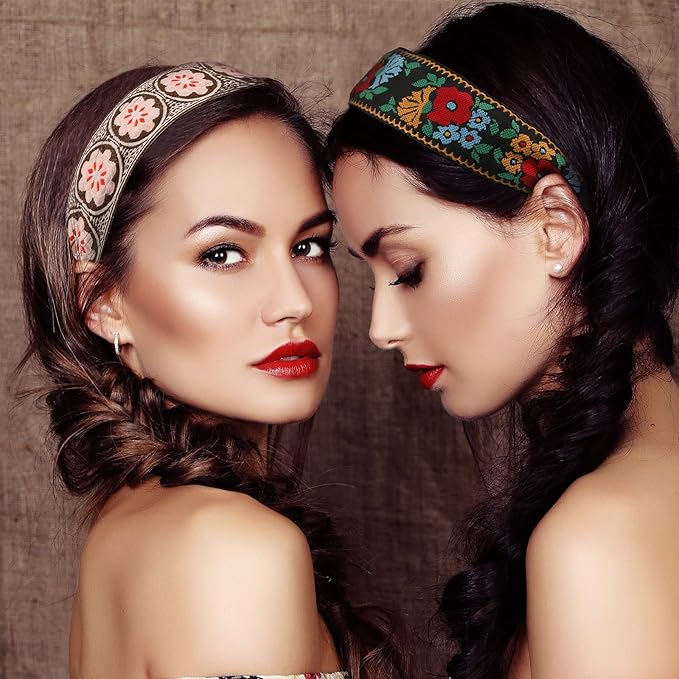 EBOOT 4 Pieces Boho Headband for Women Embroidery Wide Hair Band Bohemia Floral Knotted Wide Headbands Vintage Ethnic Style Girls Accessories(Classic Pattern)