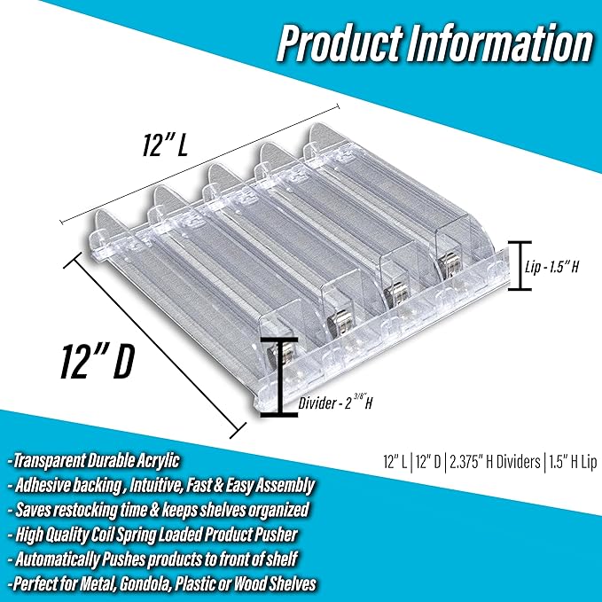 STORE FIXTURES DIRECT Auto Feed Shelf Product Pusher Kit, Adjustable Width Spring Loaded Merchandise Glider Pushing System, Kit for [20] 12" L Shelves - [80 Shelf Pushers + 100 Dividers]