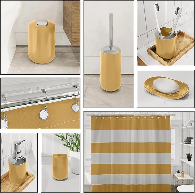 Clara Clark Bathroom Accessories Set - Bathroom Set with Adhesive Corner Shower Caddy Hanging, 25PC Bathroom Accessory Set, Gold Shower Curtain Set, Toilet Brush, Trash Can & Soap Dispenser